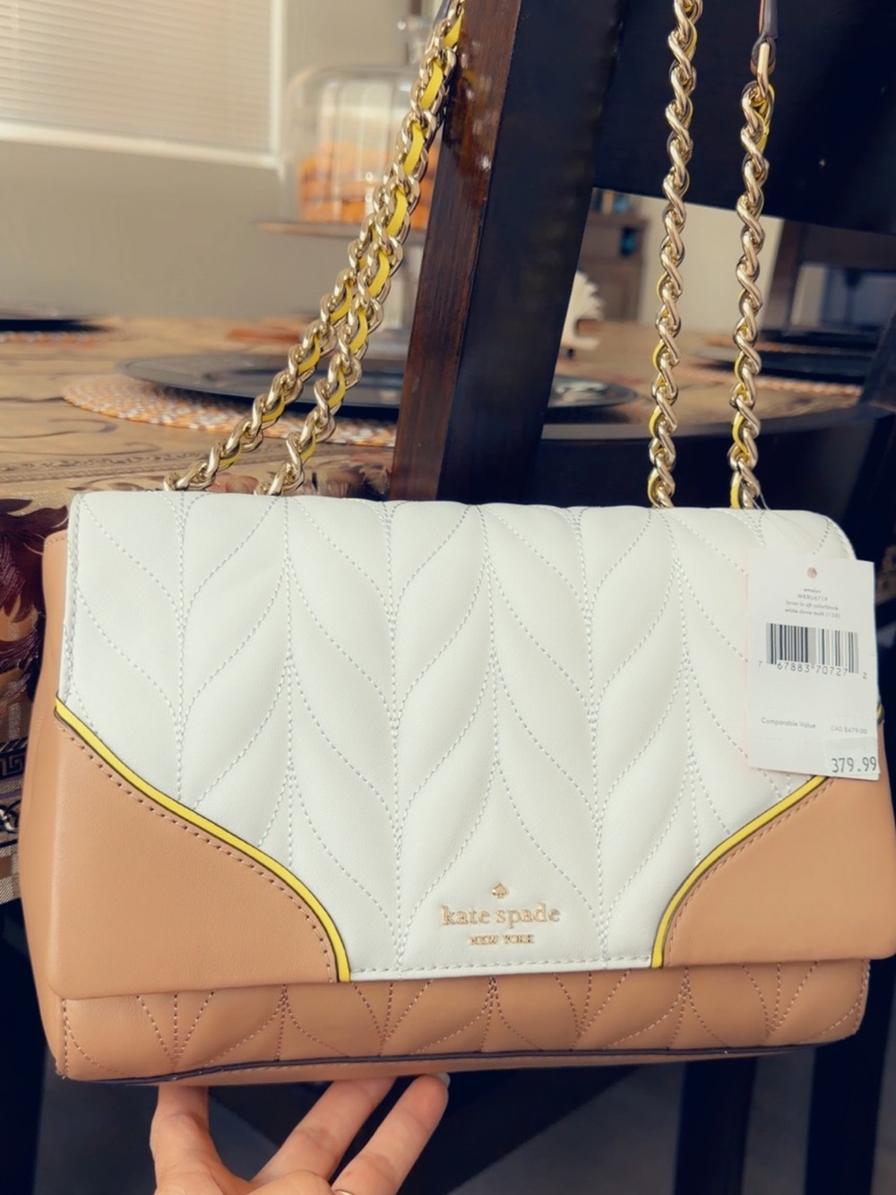 kate spade White and Blush Quilted Chain Shoulder Bag with Gold Hardware